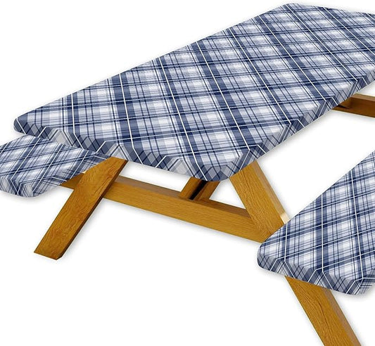DYNH 3 Pcs Picnic Table Cover with Bench Covers, 8ft Waterproof Reusable Elastic Fitted Rectangle Picnic Table Cloths,30x96IN Blue Plaid Picnic Tablecloth for Camping Patio Travel Outdoor