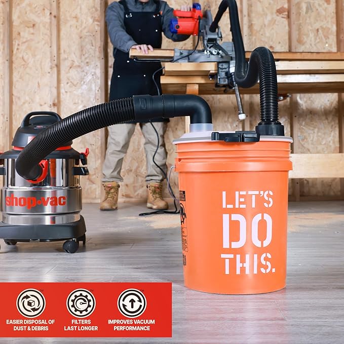 Shop-Vac Dust Collector, Portable Dust Collector for Woodworking, Fits 5 Gallon Bucket, Easy Disposal of Dust & Debris, Elbow Fittings, 2-1/2" Hose and Metal Filter Included