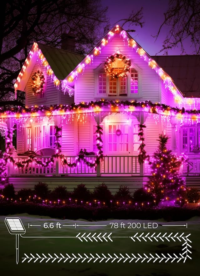 Brightown 2-Pack 400LED 170FT Total Halloween Solar Outdoor Lights IP65 Waterproof Solar Powered Lights with 8 Lighting Modes for Party Garden Yard Home Holiday Tree Decoration Lighting,Orange&Purple