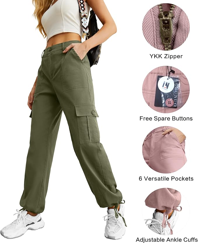 Lepunuo Women's High Waisted Cargo Pants Travel Y2K Streetwear Baggy Stretchy Pants with 6 Pockets Drawstring Ankle Cuffs