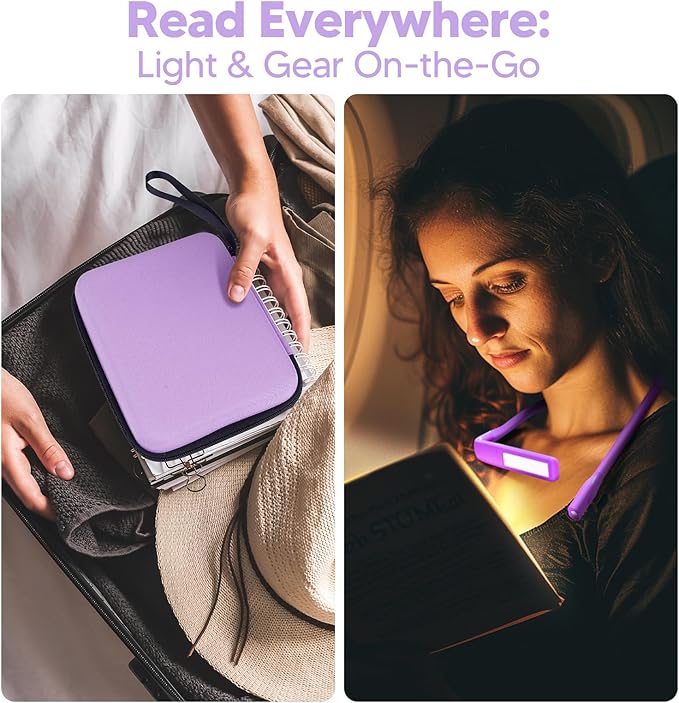 Voilet Neck Light with Storage Case, 10-80Hrs Eye-friendly Book Reading Light, Knitting Crochet Sewing Craft Light Rechargeable Adjustable, Christmas Birthday Gifts for Book Lovers Knitters Crafters