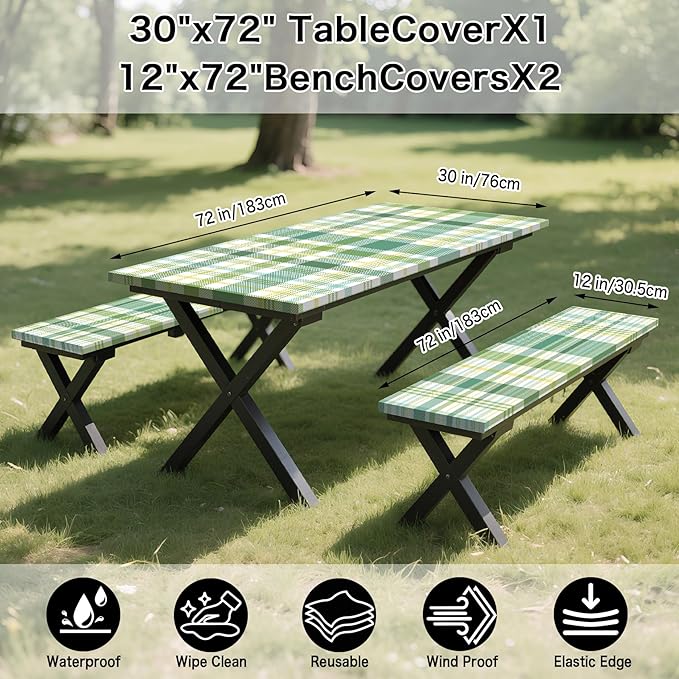 Green Picnic Table Cover with Bench Covers, 3 Pcs Waterproof Elastic Picnic Table Cover Outdoor Camping Essentials, Windproof Fitted Tablecloth for Indoor Outdoor (Plaid, 72X30 Inch)