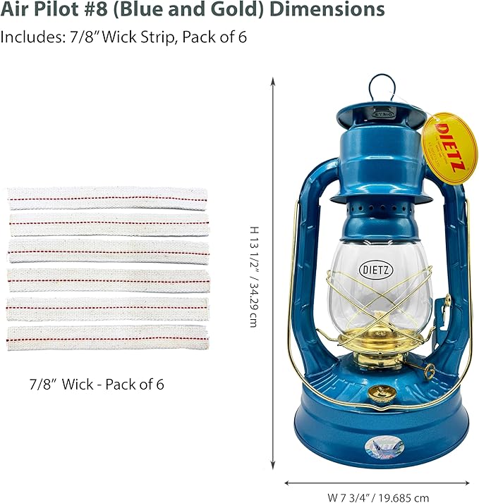 Light of Mine - Dietz #08 Air Pilot Blue with Gold Trim Oil Lantern with 7/8" Replacement Wick Strips (Blue with Gold Trim)