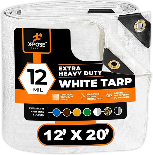 Heavy Duty White Poly Tarp 12' X 20' - Multipurpose Protective Cover - Durable, Waterproof, Weather Proof, Rip and Tear Resistant - Extra Thick 12 Mil Polyethylene - by Xpose Safety
