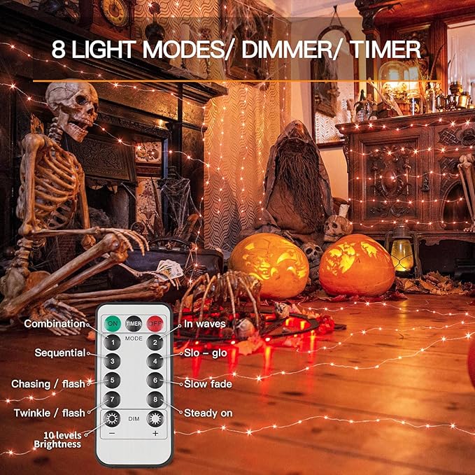 suddus Halloween Lights Battery Operated, 33ft 100 LED Orange String Lights for Outside Decorations Waterproof, Fairy Lights with Timer and Remote for Party, Yard, Outdoor, Tree, Wedding, Rroom Decor