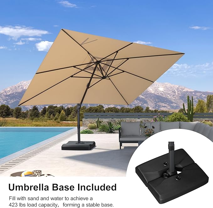 PURPLE LEAF 10' × 13' Patio Cantilever Umbrella with Base Outdoor Rectangle Adjustable Offset Umbrellas with 360-degree Rotation and 8 Heavy Duty Metal Ribs for Garden Deck Pool Beige