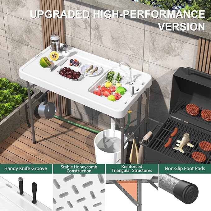 42.5" Fish Cleaning Table with Sink, Folding Camping Table & Fish Cleaning Station with Measure Mark, Camping Sink with Hose Hookup for Outdoor Picnic, Beach, Dock & Patio Use