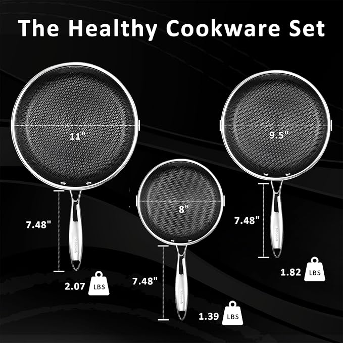 Non Stick Frying Pans Set, Hybrid 8" 9.5" 11" Frying Pan Set, Skillet with Stay-Cool Handle, Non Toxic, PFAS PFOA PTFE Free, Dishwasher & Oven Safe, Induction, Compatible with All Cooktops