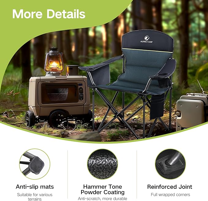 GREEN PARTY Folding Camping Chair Oversized Heavy Duty Lawn Chair with Cooler Bag, Cup Holder, Storage Pocket, Collapsible Padded Outdoor Arm Chair, Quad Lumbar