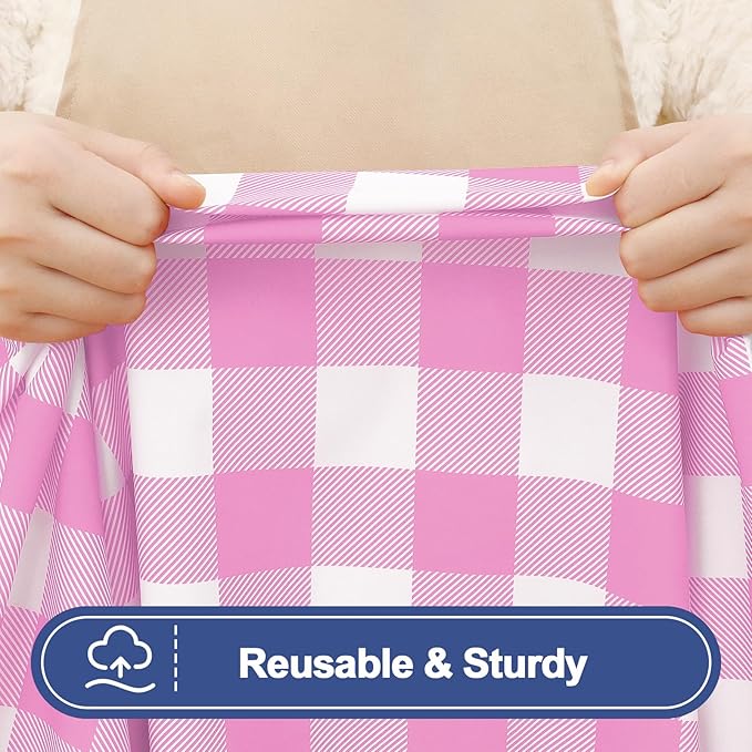 Smiry Picnic Table Cover with Bench Covers, Waterproof Elastic Fitted Tablecloths for 6 Foot Rectangle Tables, Washable Buffalo Plaid Tablecloth for Camping, Outdoor (Pink & White, 30"x72")