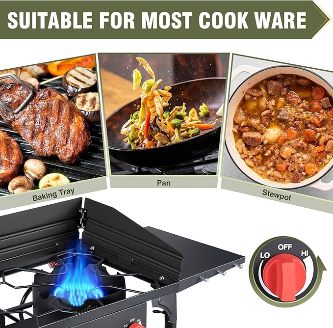 Bestfire 2 Burner Camping Stove with Windpanel& Side Shelves, Bag, Auto Ignition Button,Regulator,150,000 BTU Camping Stove Propane Burner With Removable Legs for Outdoor BBQ&Backyard