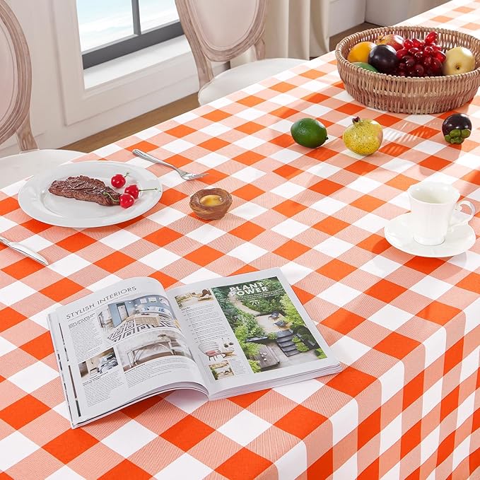Softalker Halloween Gingham Checkered Rectangle Tablecloth - Waterproof Buffalo Plaid Table Cloth Stain Resistant Washable Table Cover for Picnic/Camping/Outdoor - Orange and White, 54 x 120 Inch
