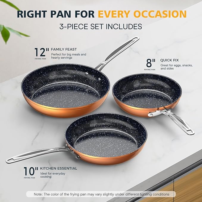 Nuwave 3-Piece 8”, 10”, 12” Forged Lightweight Frying Pan Set, G10 Healthy Duralon Blue Ceramic Ultra Non-Stick, Ergonomic Stay-Cool Handles, Induction-Ready & Works on All Cooktops
