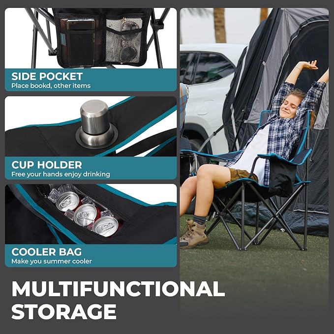 FUNDANGO Oversized Camp Chair for Adults, 2 pack,Heavy Duty Portable Foldable Lawn Chair with padded Seat & back, Lumbar Support, 4-can Cooler & Cup holder, Carry bag included for outdoor (Black/Grey)