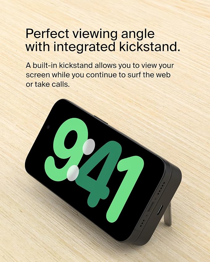 Belkin Portable Charger, Wireless Power Bank 15W 10000 mAh w/ Qi2, MagSafe Charger + Built-in Pop-up Kickstand - Compatible w/iPhone 17, Air, Pro, Pro Max, Google Pixel 10, etc. - Black