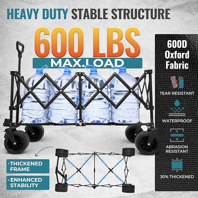 FUNDANGO 600lbs Heavy Duty Wagon, Foldable Beach Collapsible Wagons Garden Cart with Brakes, Side Pockets & All-Terrain Big Wheels for Sports Camping Shopping Groceries, Black/Blue