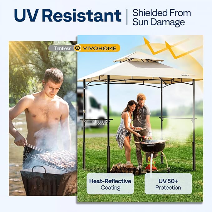 VIVOHOME Grill Gazebo Outdoor BBQ Patio Canopy Tent with Double Tiered Vented Top & 2 Side Shelves, Beige