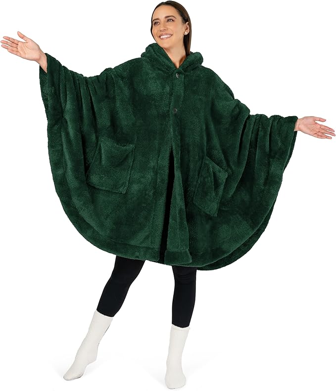 PAVILIA Angel Wrap Hooded Blanket Poncho, Wearable Blanket Throw Wrap Poncho for Women Adult, Cozy Fluffy Sherpa Fleece Shawl Cape with Hood pockets, Warm Gift for Mom Wife, Emerald Green