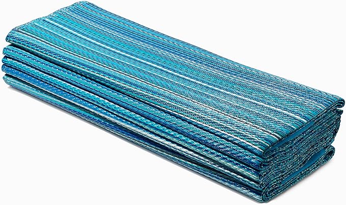 FH Home Outdoor Camping Rug - Waterproof, Fade Resistant, Reversible - Premium Recycled Plastic - Striped - Large Patio, Deck, Sunroom, RV - Havana - Turquoise - 9 x 18 ft Foldable