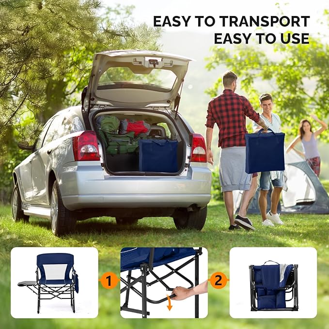 VINGLI Camping Chairs, Directors Chair, Camping Chair with Side Table & Carry Bag，Heavy Duty Camping Chairs for Adults,Portable Folding Camping Chair 2 Pack, for Beach, Fishing,Trip,Picnic,Lawn-Blue