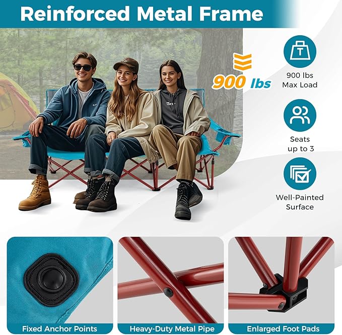 Tangkula 3 Person Oversized Camping Chair, Fully Padded Folding Camp Chair with Adjustable Armrests, Cup Holders, Carrying Bag, Portable Outdoor Lawn Chair for Camping, Support 900LBS