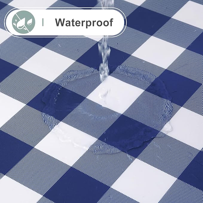 misaya Round Waterproof Vinyl Table Cloth, Buffalo Flannel Backed Tablecloth, Wipeable Plastic Table Cover for Dinner, Kitchen, Picnic (60", White and Navy)