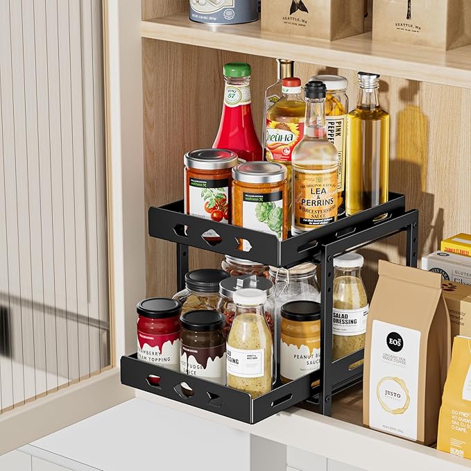 Pull Out Spice Racks for Inside Cabinets, 2-Tier Cabinet Spice Rack, Height Adjustable Spice Rack Organizer for Cabinet, Kitchen Vertical Spice Rack (9.7''Wx10.8''Dx9.2''H, Metal Black)