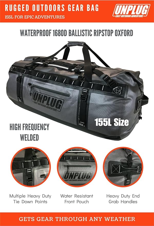 UNPLUG Ultimate Adventure Bag | 1680D Heavy Duty Waterproof Bag | Large Travel Duffle Bag which can be Used for Camping, Motorcycling, Boating, or Hunting