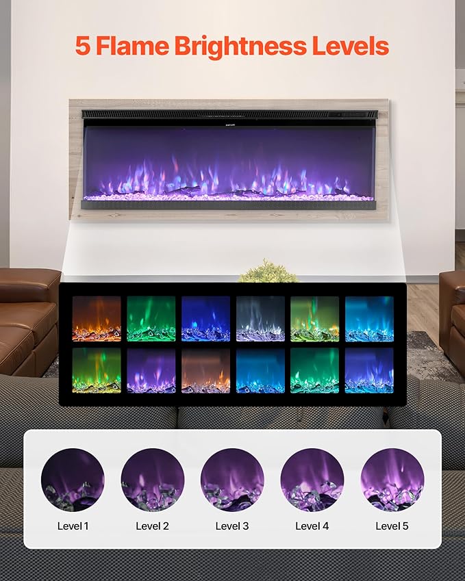 VEVOR 50 inch Electric Fireplace, Three-Sided Glass Wall Mounted Recessed Fire Place with Remote Control, Timer, 1500W, Adjustable Flame Color Brightness,Overheat Protection, for Living Room,Bedroom