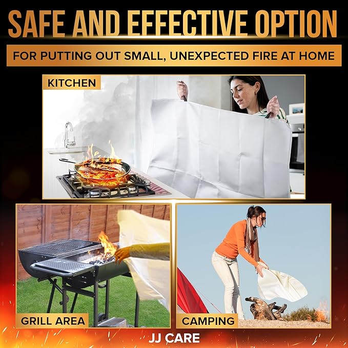 JJ CARE Fire Blanket – 4 Packs with Hooks – Emergency Fire Blanket for Home & Kitchen, High Heat Resistant Fire Suppression Blankets for Home Safety, Kitchen, and Camping
