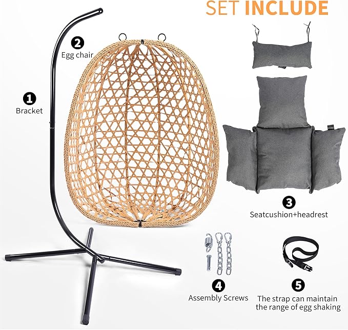 Hanging Egg Chair with Stand, Patio Wicker Swing Chair, Hammock Style with 350LBS Capacity for Bedroom, Balcony, or Garden (Yellow-Grey)