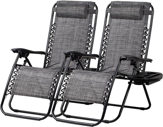 Nazhura Set of 2 Relaxing Recliners Patio Chairs Adjustable Steel Mesh Zero Gravity Lounge Chair Beach Chairs with Pillow and Cup Holder(Grey)