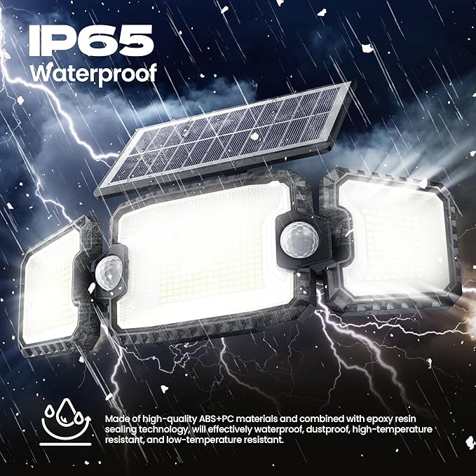 Solar Power Outdoor Light Lamp, Day to Dusk Modes, 305 LED 3000LM 270° Wide Angle Motion Sensor Flood Light, 2200mAH High Capacity, Motion Lights for Outside, Yard, Patio, Pathway