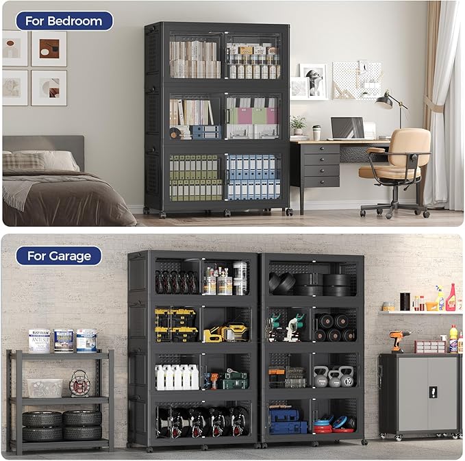 200GAL Extra Large Storage Bins with Lid, 800Qt Stackable Closet Organizers and Drawers, Collapsible Storage Bins with Wheels, Folding Storages Cabinet for Home Bedroom Office, 5Pack Black