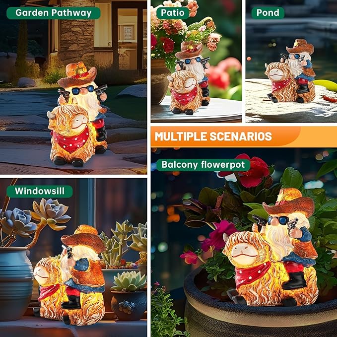 Solar Highland Cow Gnome Statue - Hand-Painted Resin Outdoor Decor for Garden & Yard, Unique Mothers Day Birthday Gifts for Grandma Women (Weatherproof)