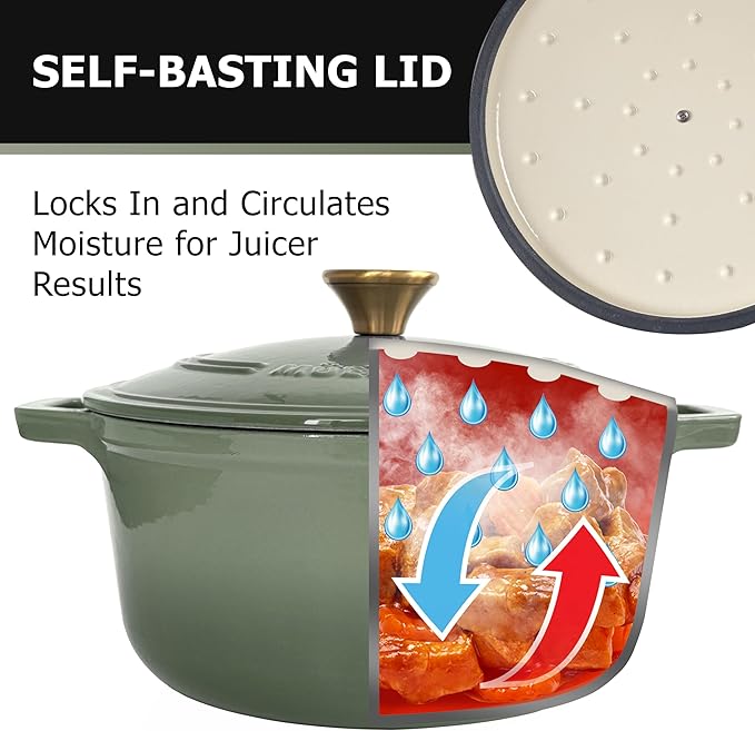 MÜELLERHOME 6 Quart Enameled Cast Iron Dutch Oven For Sourdough Bread Baking, Heavy-Duty, Oven-Safe up to 500° F & Across All Cooktops, Casserole Dishes, Green Kitchen Accessories, Thyme Green