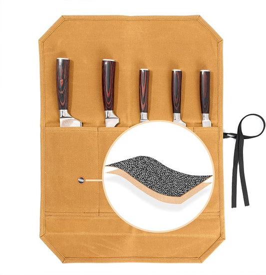 Knife Roll Bags, 16oz Waxed Canvas Knife Holder (5 Slots & Specialized Anti Cutting Fabric), Multi-Purpose Knife Pouch with Tie Rope, Khaki