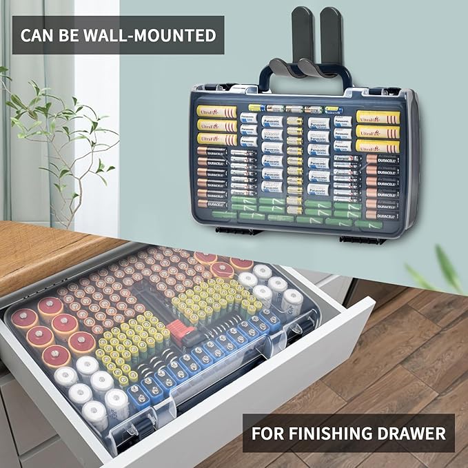 Battery Organizer Storage Holder Box Case with Tester- 269 Batteries Double-Sided Variety Pack, Holds AA AAA 4A C D Cell 9V 3V Lithium LR44 CR2 CR123 CR1632 18650 Button- Blue (Box Only)