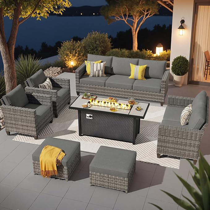 ovios 7 Pieces Patio Furniture Set with 54" Fire Pit Table, Outdoor Wicker Sofa with Comfy Cushions, All Weather High Back Rattan Couch Conversation Set, Dark Grey