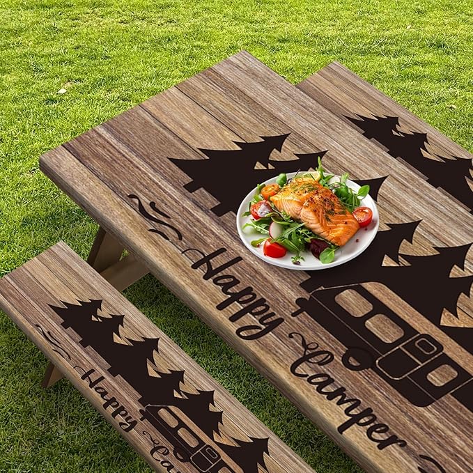 Picnic Table Cover with Bench Covers Elastic Edges, Wooden Camper Fitted Table Cover, Outdoor Patio Camping Essentials 96 Inch 3PCS, Waterproof Camping Fitted Tablecloth with Drawstring Bag