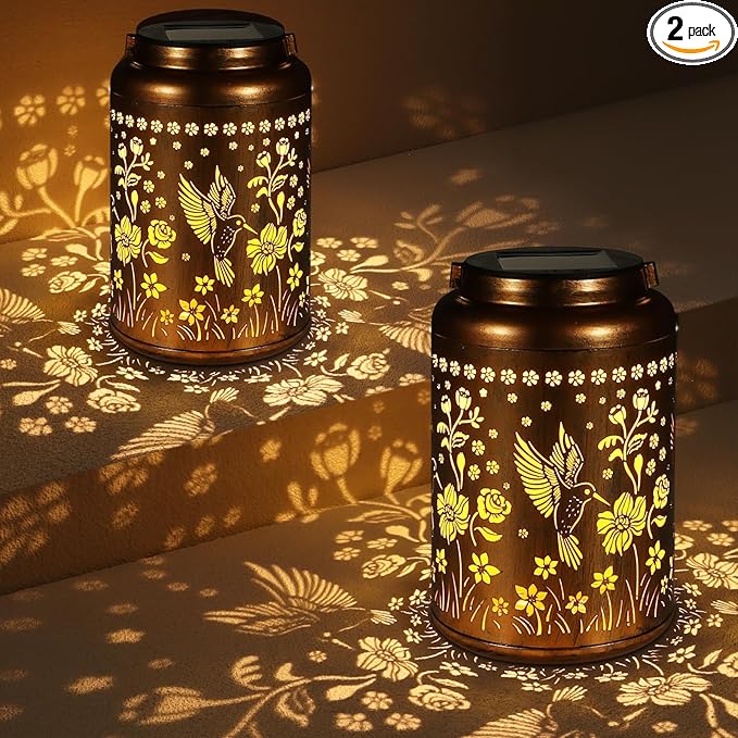 2 Pack Solar Lanterns Outdoor Waterproof, Hummingbird Garden Decor Gifts for Women Mom Grandma Hanging Solar Lights Metal Solar Decoration Outside for Yard, Patio, Lawn, Pathway, Landscape