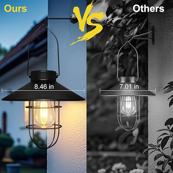 pearlstar Solar Lantern Outdoor Hanging Light- Waterproof Vintage Metal Solar Lantern Light with Warm White Edison Bulb Decorative for Patio, Backyard, Porch, Yard