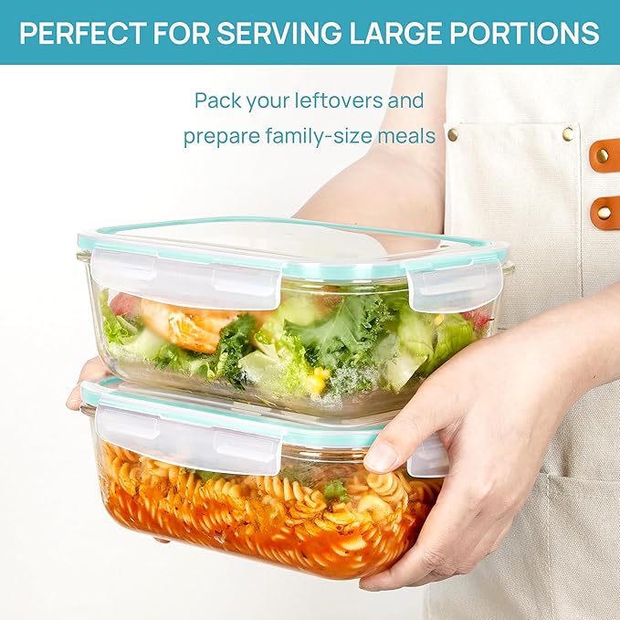 Vtopmart 2Pack 1860ml/ 63oz Large Glass Storage Containers with Lids, Meal Prep Food Container Set with Snap Airtight Lid for Baking, Microwave, Oven, Leak Proof, for Freezer, Dishwasher, Green
