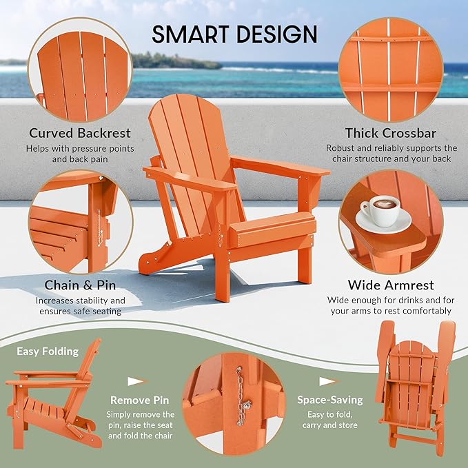 WestinTrends Malibu HDPE Outdoor Patio Folding Poly Adirondack Chair, Orange