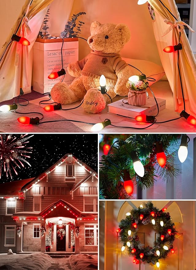 C9 LED Christmas Lights Outdoor, 100 Feet C9 String Lights with 100 Shatterproof Matte Bulbs, Connectable Waterproof Christmas Tree Lights for Holiday Roofline Backyard Garden Decor, Red & Pure White