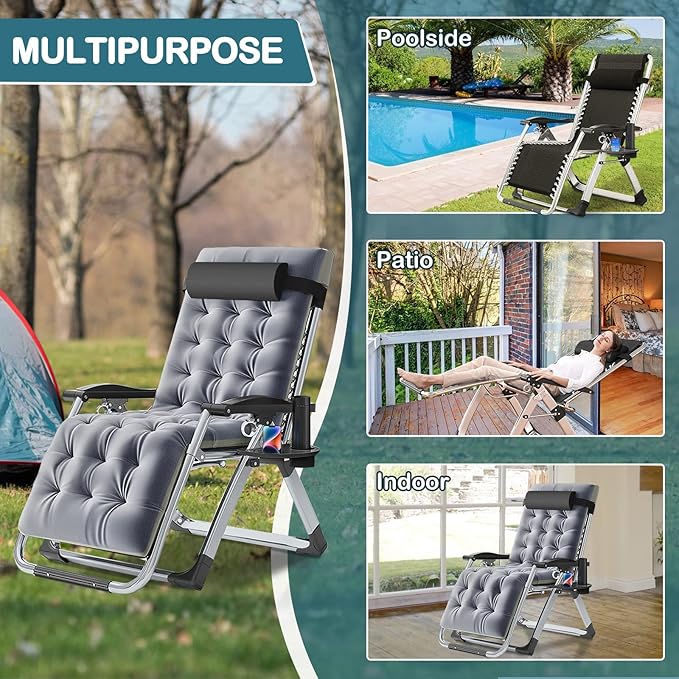 NAIZEA Padded Zero Gravity Chair, Folding Outdoor Lounge Chairs, Adjustable Reclining Camping Chairs with Cup Holder, Ergonomic Patio Lawn Chair for Balcony Beach Deck Yard