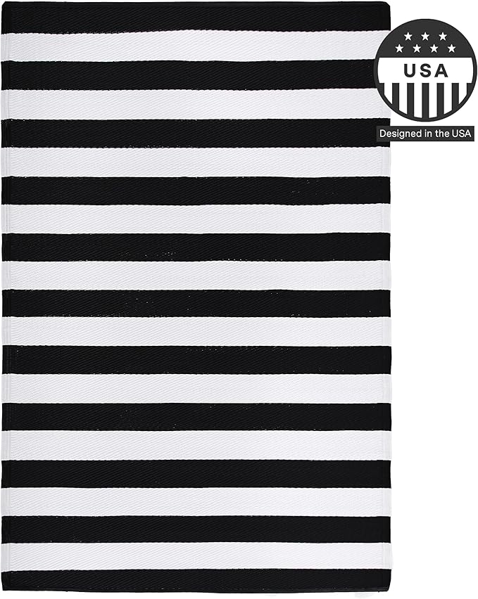 FH Home Outdoor Rug - Waterproof, Fade Resistant, Reversible - Premium Recycled Plastic - Striped - Porch, Deck, Balcony, Mudroom, Laundry Room, Patio - Brittany - Black & White Crease Free - 3 x 5 ft