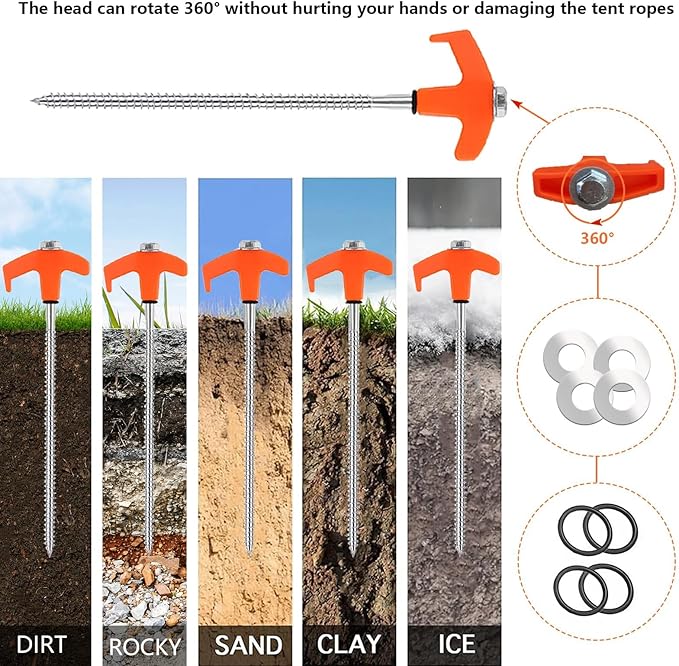8" Screw in Tent Stakes Heavy Duty, Ground Anchors Screw in, Metal Threaded Tent Spikes, Camping Pegs for Canopies & Gardening Inflatable Decor (20 PCS Orange)