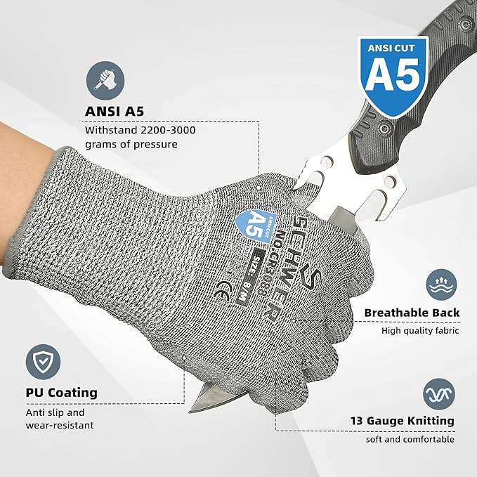 12 Pairs ANSI A5 Cut Resistant Work Gloves, Cut Proof Gloves with PU Coating, Used for Metal Fabrication, WoodWorking, Construction, Non Slip, Durable, S, CR3088