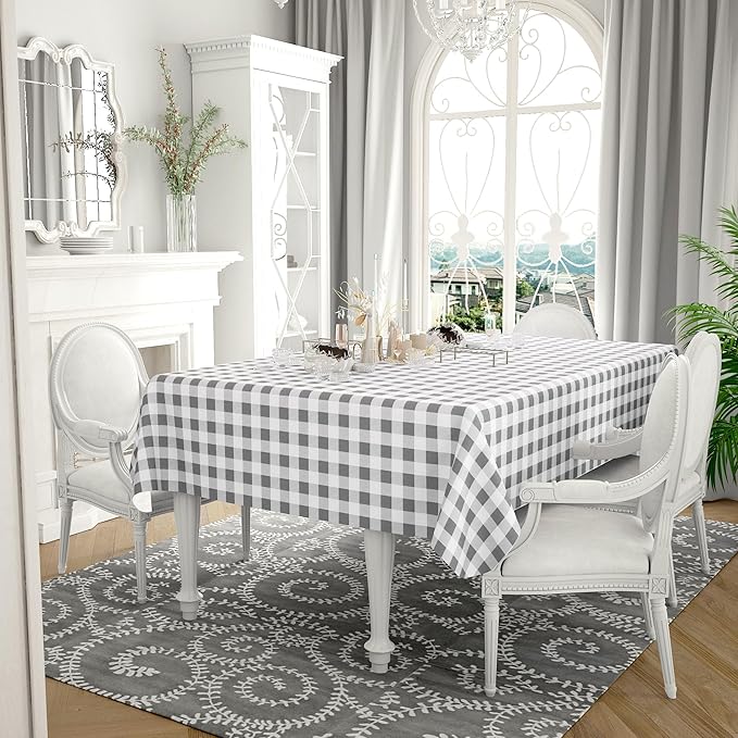 misaya Rectangle Waterproof Vinyl Table Cloth, Buffalo Flannel Backed Tablecloth, Wipeable Plastic Table Cover for Dinner, Kitchen, Outdoor (54" x 78", Grey and White)